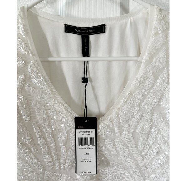 BCBG MaxAzria White XS Morris Dress V-neck Strechy Sequined Night Out Dress NWT - Picture 5 of 16